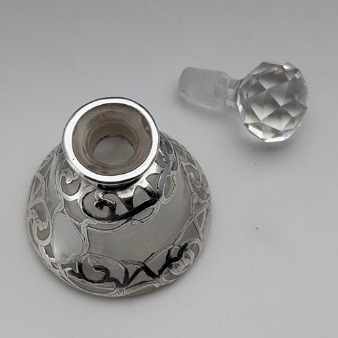 Antique American Art Nouveau Silver Overlay Glass Miniature Perfume Bottle